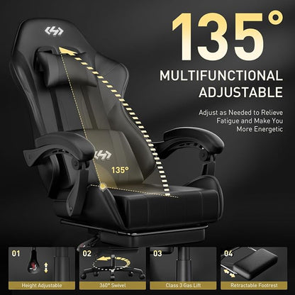 HLDIRECT Gaming Chair, Ergonomic Computer Office Chair with Lumbar Support Footrest Headrest, Adjustable Height & Backrest Angle Video Gamer Chair, PU Leather, 360° Swivel, Adult (Black)