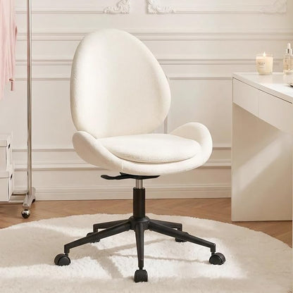 Furniliving Chenille Armless Desk Chair with Wheels, Upholstered Home Office Chair with Double-Layer Cushion, Adjustable Swivel Computer Vanity Chair with Rocking Back, White