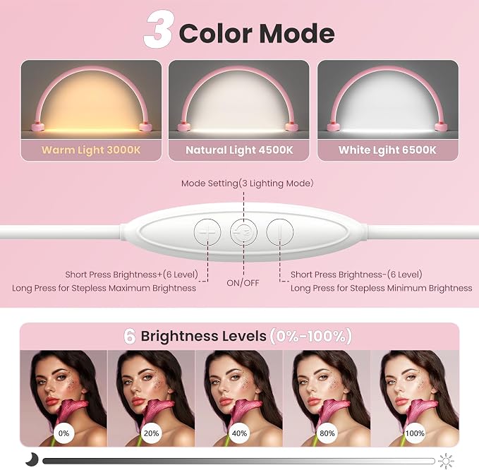 Yokilly Arc Half Moon Light: 16" Half Moon Light with Foldable Bracket for Desk Salon Table Use - No Flicker & Shadow-Free Desk Lamp with Stepless Brightness 3000-6500K for Manicurist Nail Tech
