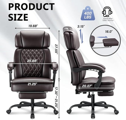 400lbs Executive Office Chair with Foot Rest for Heavy People, Ergonomic Big and Tall Desk Chair with Adjustable Headrest, High Back PU Leather Comfy Heavy Duty Computer Chair