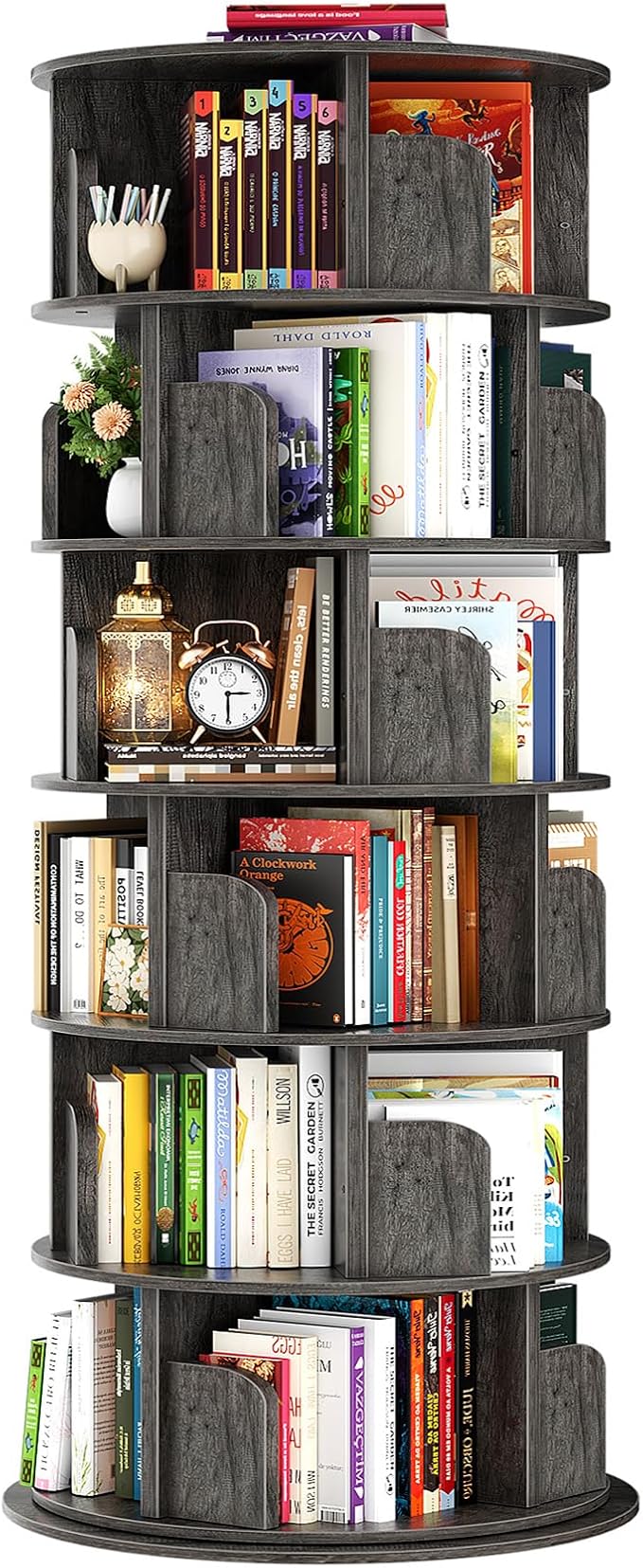 Besiost Rotating Bookshelf Tower, 6 Tier Spinning Bookcase, Revolving 360 Book Shelf Narrow Tall Bookcase, Vertical Turning Round Bookshelf Organizer, Wood Corner Bookshelf for Small Space, Black Oak