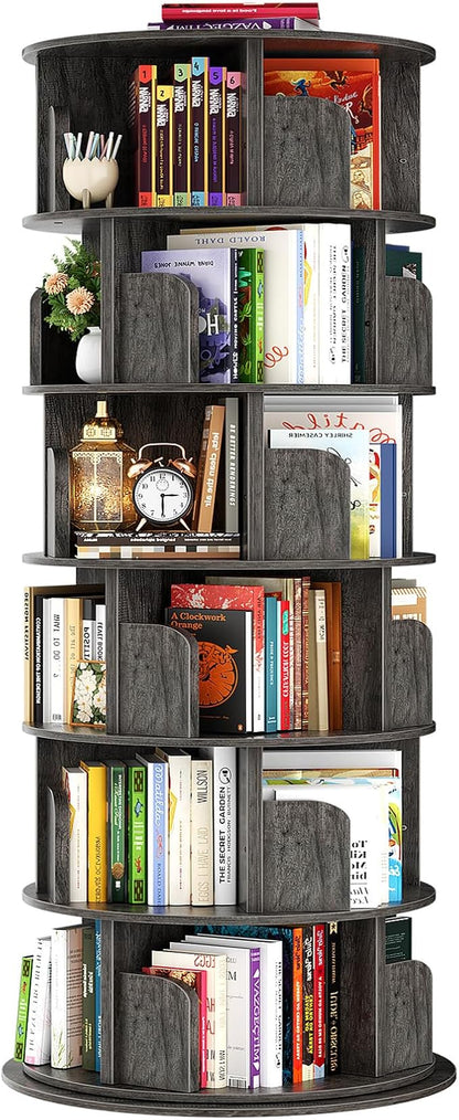 Besiost Rotating Bookshelf Tower, 6 Tier Spinning Bookcase, Revolving 360 Book Shelf Narrow Tall Bookcase, Vertical Turning Round Bookshelf Organizer, Wood Corner Bookshelf for Small Space, Black Oak