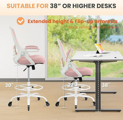 HYLONE Drafting Chair Tall Office, Ergonomic Standing Desk Stool Adjustable Big and Tall Drafting Office Chair with Flip-Up Armrests, Mesh, Pink
