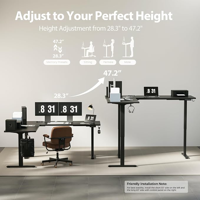 Agilestic Triple Motors 73" x 60" L Shaped Standing Desk, Electric Standing Desk Adjustable Height, Extra Large Desktop Corner Table for Home Office, Gaming Workstation, Splice Board, Black