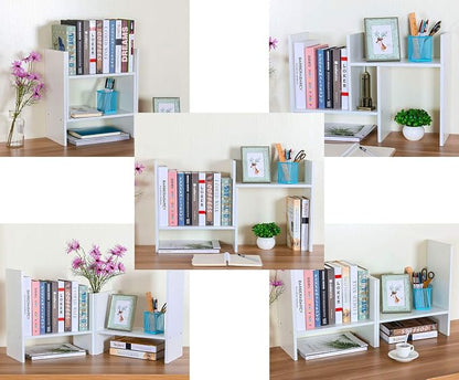 PAG Adjustable Desktop Shelf Wood Small Bookshelf Desk Supplies Organizers and Accessories Storage Display Rack Office Decor, White