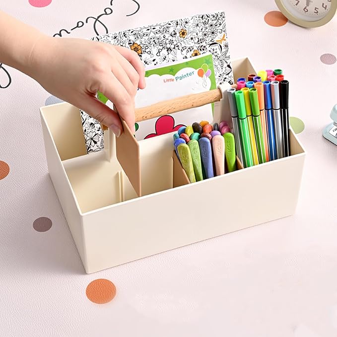 Buqoo Desk Organizer with 8 Compartments, Plastic Makeup Organizer with Wooden Handle, Pen Holder for Desktop Storage, Desk Organization for School, Home, Office Supplies (Coffee)