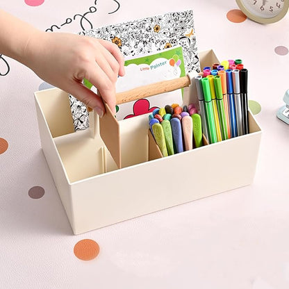 Buqoo Desk Organizer with 8 Compartments, Plastic Makeup Organizer with Wooden Handle, Pen Holder for Desktop Storage, Desk Organization for School, Home, Office Supplies (Coffee)