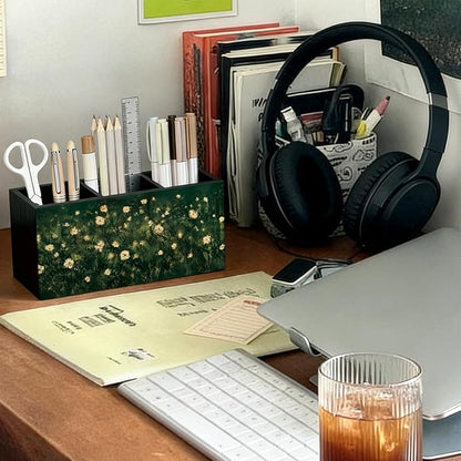 Moody Floral Pen Pencil Holder for Office Desk Accessories Decor | Cottagecore Office Accessories for Women, Moody Floral Pen Pencil Wooden Organizer Decorations for Dorm Room Bedroom Tabletop