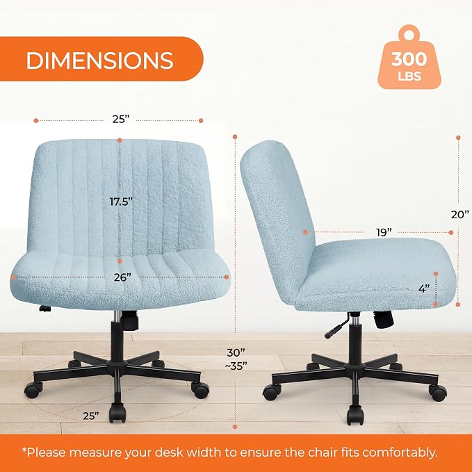 Orange Factory Criss Cross Chair Wheels Vanity Chair Office Desk Comfy Wide Cross Legged Armless Teddy Fabric Adjustable Swivel for Home Computer Task (Blue, Teddy Fleece)