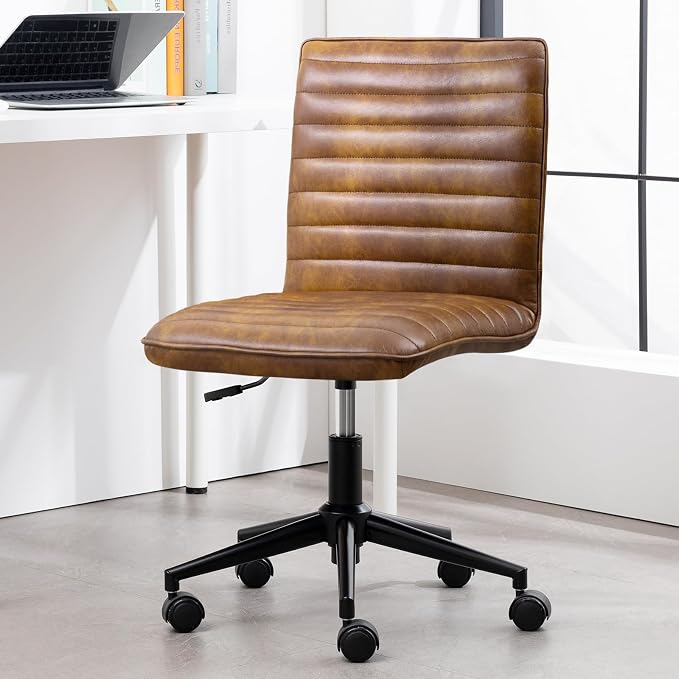 Furniliving Leather Office Chair with Wheels Armless Vanity Desk Chair 360° Swivel Computer Rolling Chair with Mid Back, Height Adjustable Accent Chairs with Gold Metal Base Stool, PU YellowBrown