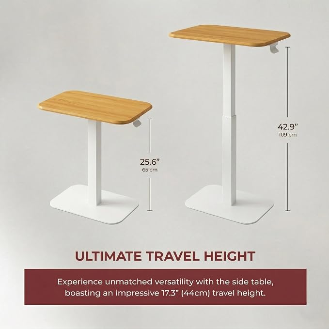 Elevance Height Adjustable Side Table, White Base, Golden Maple Top | Sofa Laptop Table for Couch & Bed | Small C-Shape End Table for Home or Office