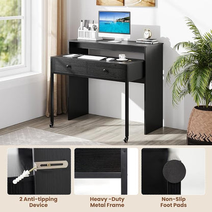 Giantex Small Computer Desk with Hutch & Drawers, Extendable Writing Desk w/Pull Out Secondary Table, Monitor Stand & Rolling Wheels, Console Table, Compact Desk for Small Spaces, Home Office (Black)