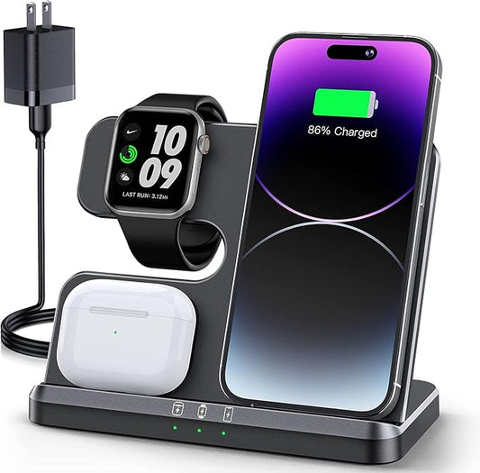 JARGOU 3 in 1 Charging Station for Apple Wireless Charger for iPhone 17 16e 16 15 14 13 12 11 X 8 & for iWatch Charger Wireless Charging Station for Multiple Devices for AirPods 2/3/4/Pro/Pro 2/Pro 3