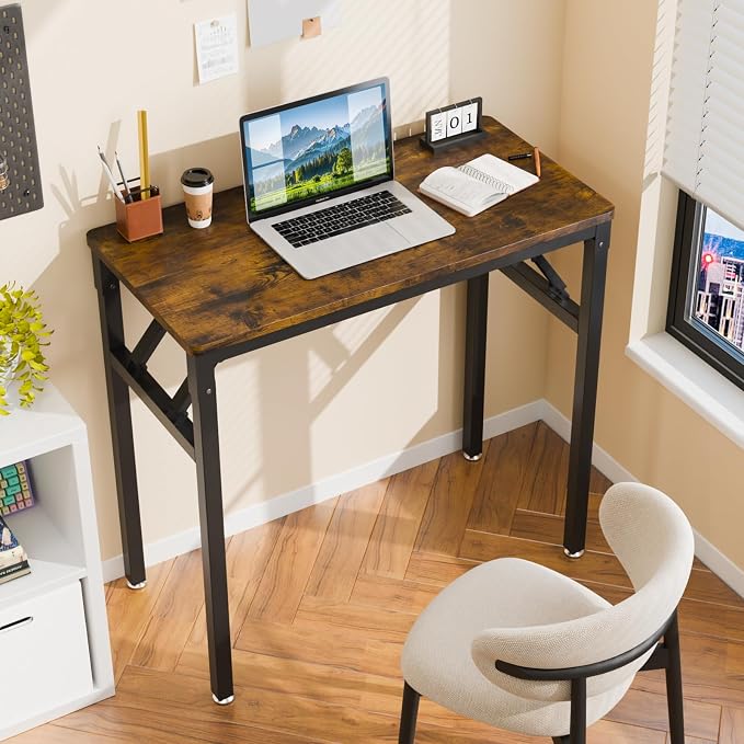 VINGLI Small Computer Desk No Assembly Required, Folding Desk as Writing Table, Dining Table and Workbench, Foldable Desk for Small Space & Home Office, 31.5 Inch, Brown & Black Frame