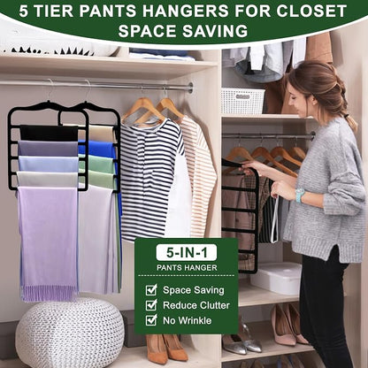 Closet Organizers and Storage, 3 Pack Pants-Hangers-Space-Saving, Velvet Non Silp 5 Tier Scarf Jeans Closet Organizer,Dorm Room Essentials for College Students Girls Boys Guys,Organization and Storage