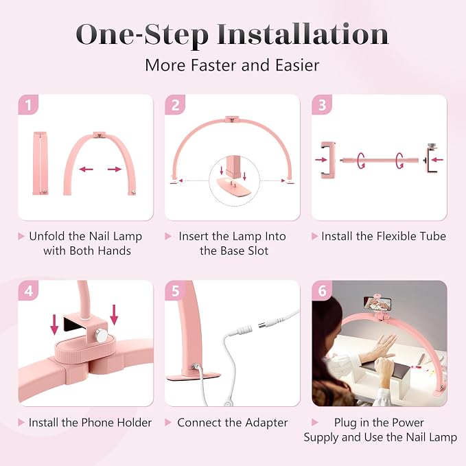 Yokilly Half Moon Light for Nail Desk: 29" Foldable Half Moon Nail Desk Lamp with Phone Holder for Beginner - Arch Tech Light with 3 Color Modes & 10 Brightness for Manicure Salon (Pink)