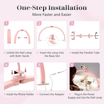 Yokilly Half Moon Light for Nail Desk: 29" Foldable Half Moon Nail Desk Lamp with Phone Holder for Beginner - Arch Tech Light with 3 Color Modes & 10 Brightness for Manicure Salon (Pink)