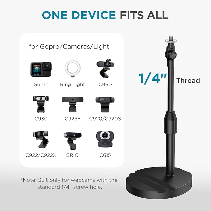 InnoGear Webcam Mount for Desk, Table Telescopic Webcam Stand with Phone Holder for Camera Webcam C922 C930e C920S C920 C615 C960 C920x BRIO 4K NexiGo N60, Right Light, GoPro with 1/4" Thread