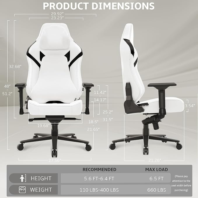 Ergonomic Gaming Chair, Wyrdforging Computer Desk Chairs, 4D Armrests, High Back Office Chair With Headrest & Lumbar Pillow, Tilt Rocker Recliner, Heavy-Duty Base, White PU Leather & Black Suede Combo