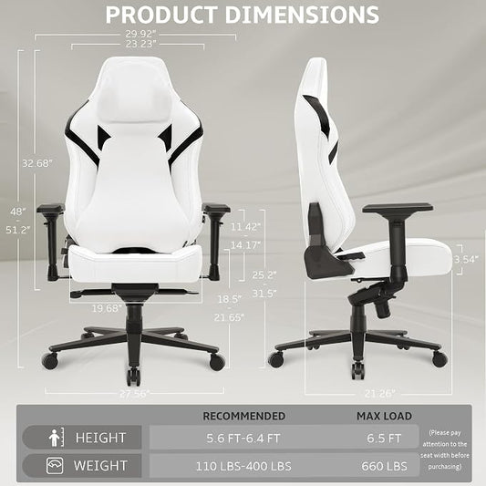 Ergonomic Gaming Chair, Wyrdforging Computer Desk Chairs, 4D Armrests, High Back Office Chair With Headrest & Lumbar Pillow, Tilt Rocker Recliner, Heavy-Duty Base, White PU Leather & Black Suede Combo