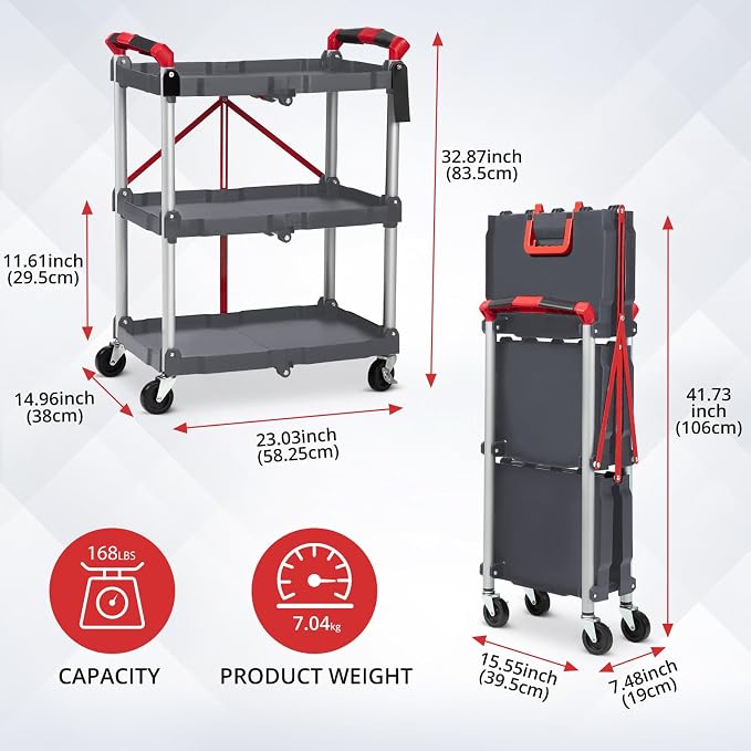 PioneerWorks Folding Utility Service Cart, Collapsible Cart with Wheels, 3 Tier Rolling Utility Cart, Folding Cart with Wheels Collapsible, Service Cart for Tool, Grocery, Bar, Kitchen, Office