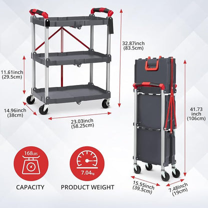 PioneerWorks Folding Utility Service Cart, Collapsible Cart with Wheels, 3 Tier Rolling Utility Cart, Folding Cart with Wheels Collapsible, Service Cart for Tool, Grocery, Bar, Kitchen, Office