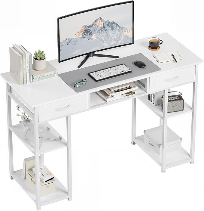 OLIXIS Desk with Storage Fabric Drawers-48 Inch Home Office Computer Desk for Small Space Bedroom,Modern Study Work Gaming Writing Table PC Desks, White