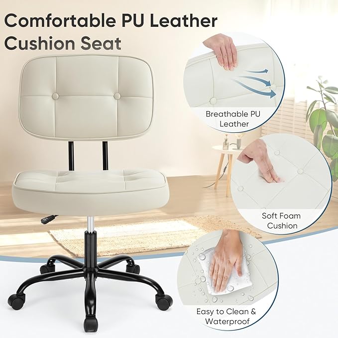 DUMOS Home Office Desk Chair - Ergonomic Armless PU Leather Computer Rolling Task Chair with Comfy Lumbar Support and Height Adjustable, Vanity, Bedroom, Living Room, Ivory White