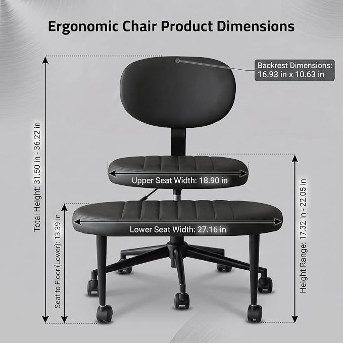 Cross Legged Office Chair with Wheels, 360 Swivel Height-Adjustable Meditation Chair with Lumbar Support, PU Leather, Black
