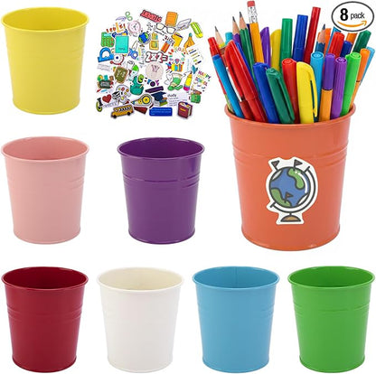 8 Pcs Colorful Metal Pen Holder, Desktop Pencil Cups with School Theme Sticker, Mini Pencil Bucket Makeup Brush Storage Organizer, Crayon Organizer for Classroom Office Home Stationery Supply