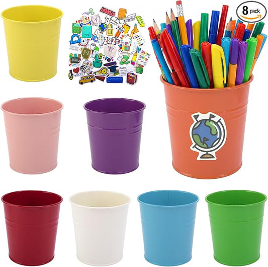 8 Pcs Colorful Metal Pen Holder, Desktop Pencil Cups with School Theme Sticker, Mini Pencil Bucket Makeup Brush Storage Organizer, Crayon Organizer for Classroom Office Home Stationery Supply
