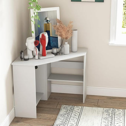 GOFLAME Corner Desk with Storage Shelves, Triangular Computer Desk with Cable Management Holes, Laptop Workstation for Small Space, Makeup Vanity Desk for Living Room, Study, White