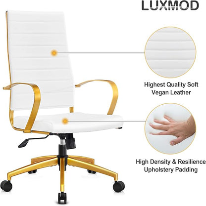 Ergonomic Office Chair, High Back Executive Chair in White Vegan Leather with Gold Accents, Adjustable Desk Chair with Back Support for Home Office(White)