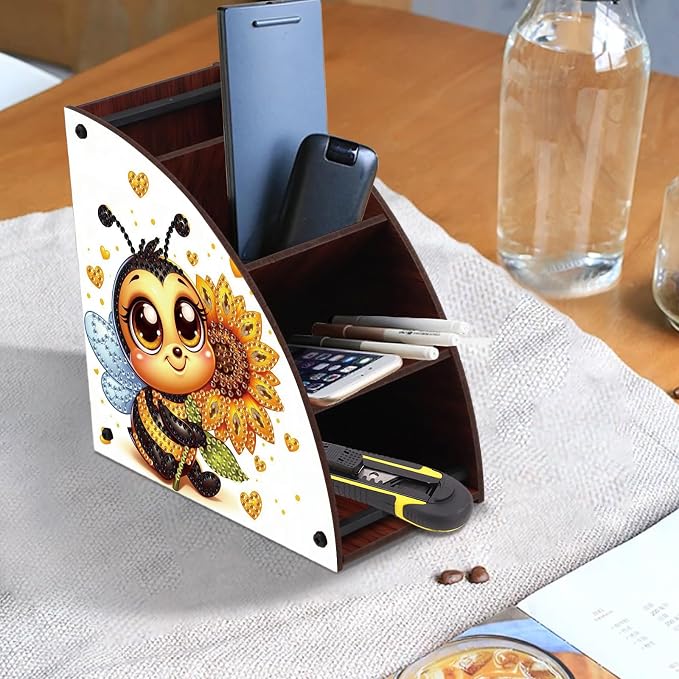 Bee and Sunflower Diamond Painting Organizer – DIY Wooden Multi-Compartment Desktop Storage Box, Rustic Tabletop Craft Kit for Adults Home or Office Use
