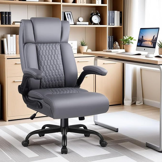 Office Chair, 400LBS Heavy Duty Big and Tall Executive Office Desk Chair with Flip-up Arms, Ergonomic High Back Office Chairs with Lumbar Support, PU Leather, Grey