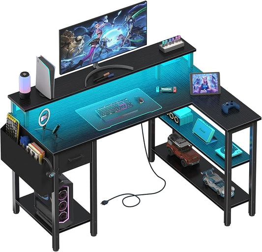 Lufeiya L Shaped Gaming Desk with Fabric Drawers and Storage Shelves, 47 inch Home Office Desk with Monitor Stand, Computer Desk with LED Lights and Power Outlets, Black