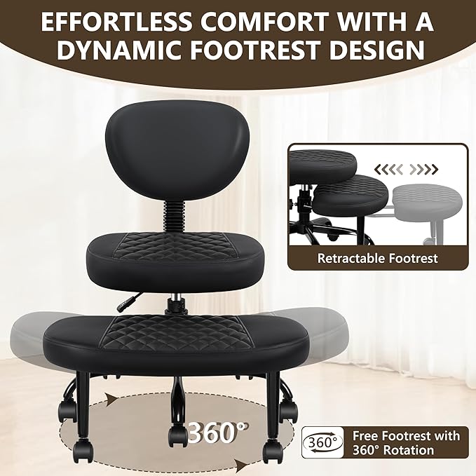 AtHope Ergonomic Cross Legged Office Chair with Wheels - Adjustable Height for Meditation, ADHD Desk & Yoga - Wide Criss Cross Design with Lumbar Support, Kneeling Chair - Black