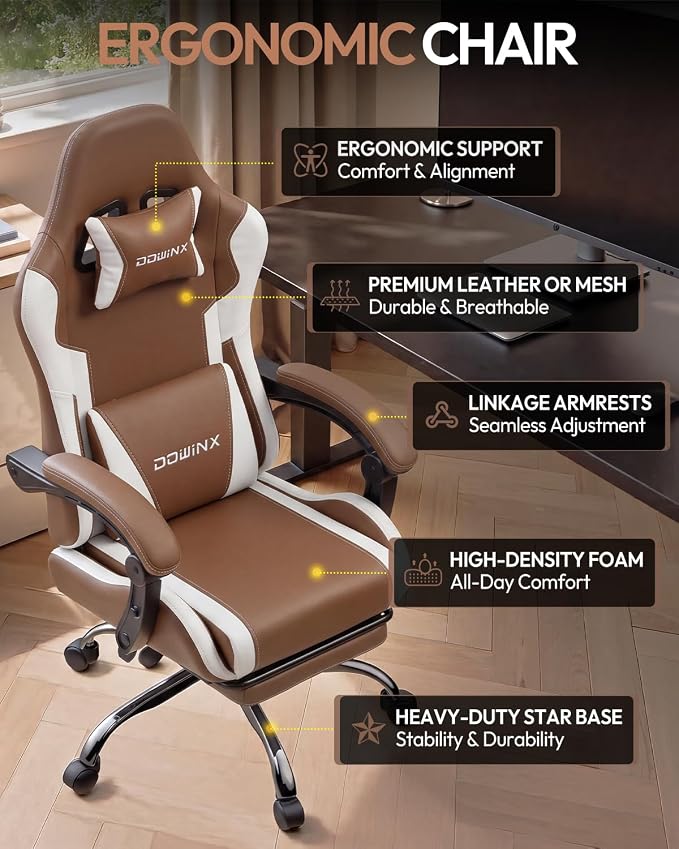 Dowinx Ergonomic Gaming Chair with Footrest & Massage Lumbar, 2D-Linkage Armrests for Computer Chair 330lbs with Headrest Pillow for Office, Home, Streaming and Long Gaming Sessions, Fabric Brown