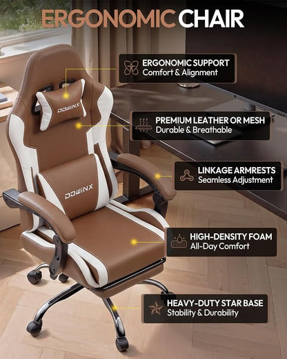 Dowinx Ergonomic Gaming Chair with Footrest & Massage Lumbar, 2D-Linkage Armrests for Computer Chair 330lbs with Headrest Pillow for Office, Home, Streaming and Long Gaming Sessions, Fabric Brown