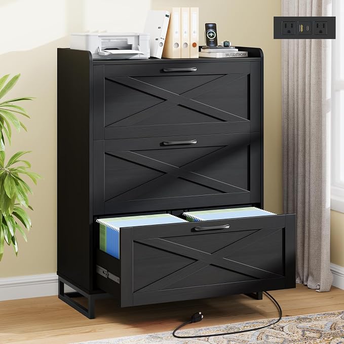 Halitaa File Cabinet 3 Drawers Lateral File Cabinet with Charging Station for Letter/Legal/A4 Size Hanging Files, Large Wood File Storage Cabinets Printer Stand for Home Office, Black