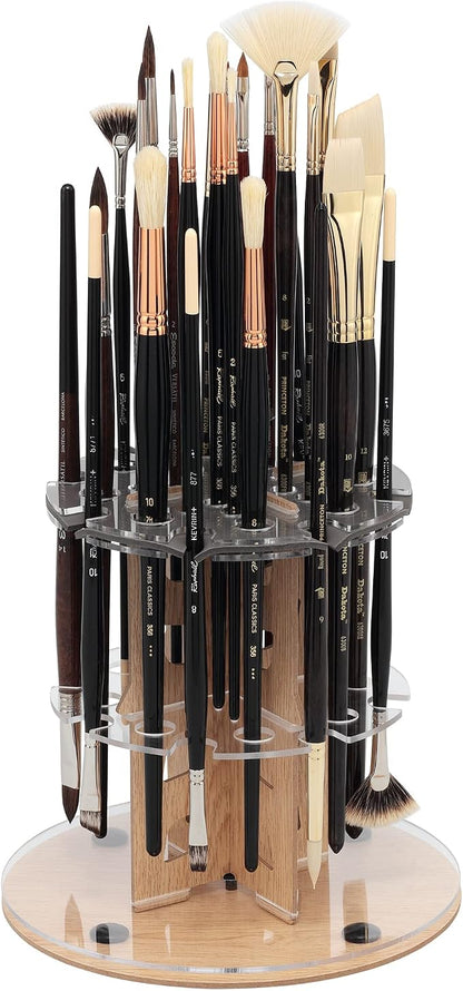 HG Art Concepts Mezzo Dual Artist Brush Holder and Drying Rack - Rotating Wood Grain Laminate Multi Layer Desk Stand - Professional Storage Display Organizer for Paintbrushes