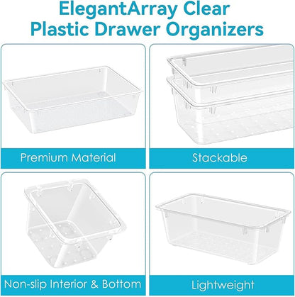 ElegantArray 24 PCS Drawer Organizer Set, 4 Sizes Tool Storage Trays, Clear Plastic Makeup Vanity Organizer and Storage Bins for Makeup, Stationeries, Multiple Gadgets for Bathroom, Office, Bedroom
