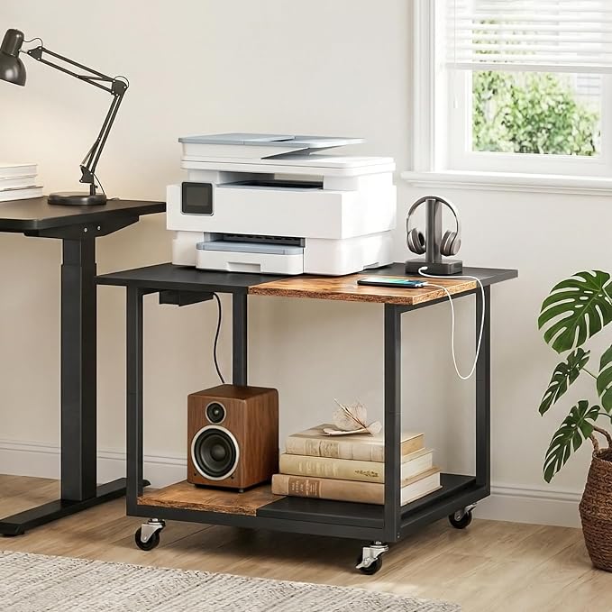 HOOBRO 23.6"×23.6" Large Printer Stand, Printer Table with Charging Station, Printer Cart on Wheels, Rolling Cart, for Office, Living Room, Rustic Brown and Black BF14UPS01
