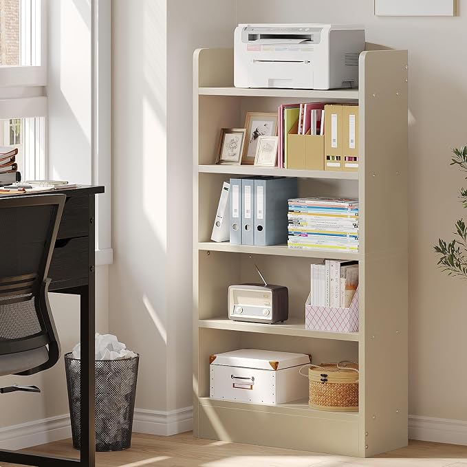 ALISENED 5-Tier Bookcase, Open Bookshelves and Bookcases with Storage Shelves, Floor Standing Unit, Display Storage Shelves for Bedroom Library Living Room Home Office, Khaki