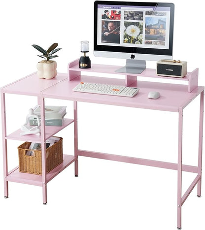 MINOSYS 47-inch Computer Desk with Storage Shelf - Ideal Gaming Desk for Bedrooms, Small Spaces, and Home Offices Modern Writing Desk for PCs,Pink Table.
