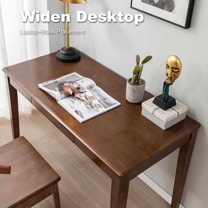 Solid Wood Desk with Drawer, Wooden Home Office Desk for Work, Student Computer Desk for Small Spaces, Gaming Study PC Desk for Bedroom, Easy to Assemble (Walnut Color 47 inch)