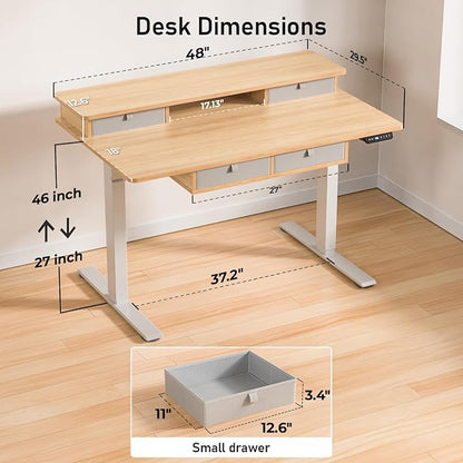 48 * 30 Inches Electric Standing Desk Adjustable Height with 4 Drawers, Double Storage Shelves Stand Up Desk, Home Office Workstation Sit Stand Desk (Nature)