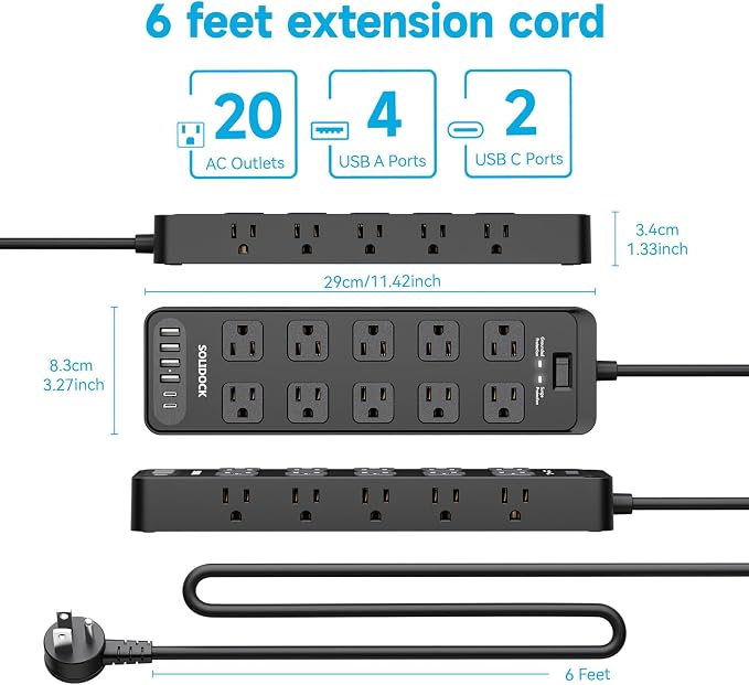 20AC Power Strip with USB Ports, Heavy Duty Surge Protector Power Strip 15 Amp, 6Ft Extension Cord with Multiple Outlets