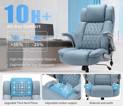Large High Back Office Chair - Adjustable Lumbar Support Flip Up Arms Heavy Duty Quiet Wheels Metal Base Breathable Bonded Leather Ergonomic Executive Computer Desk Chair with Storage Bags, Blue