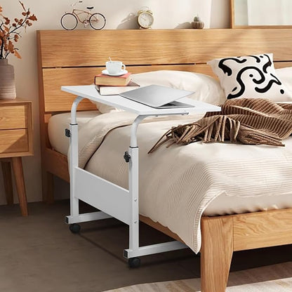 Karl home Mobile Side Table 31.5 inch Computer Desk with Wheels Height Adjustable Rolling Potable Laptop Cart, C-Shaped Bed Couch Sofa End Tables with Edge Stopper for Livingroom Bedroom, White